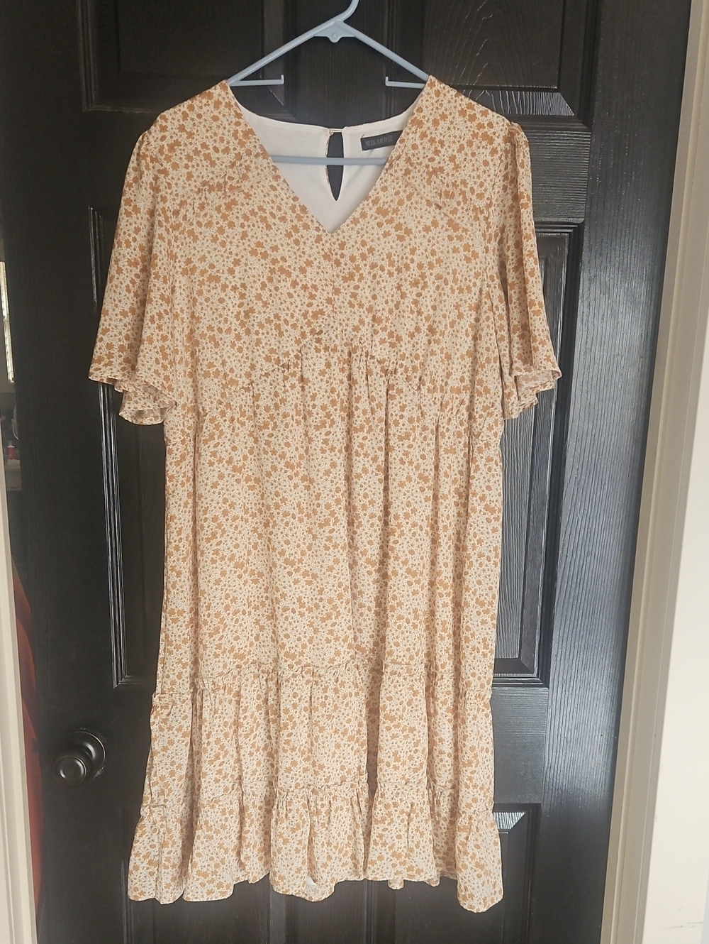 Mikarose Beige Floral Flutter-Sleeve Midi Dress
